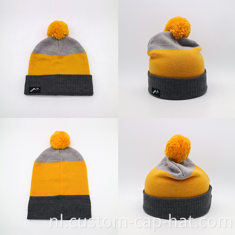 Custom Hat Factory 100% merinowol beanie groothandel hoeden winter driekleur gestreepte gebreide hoed met pom pom